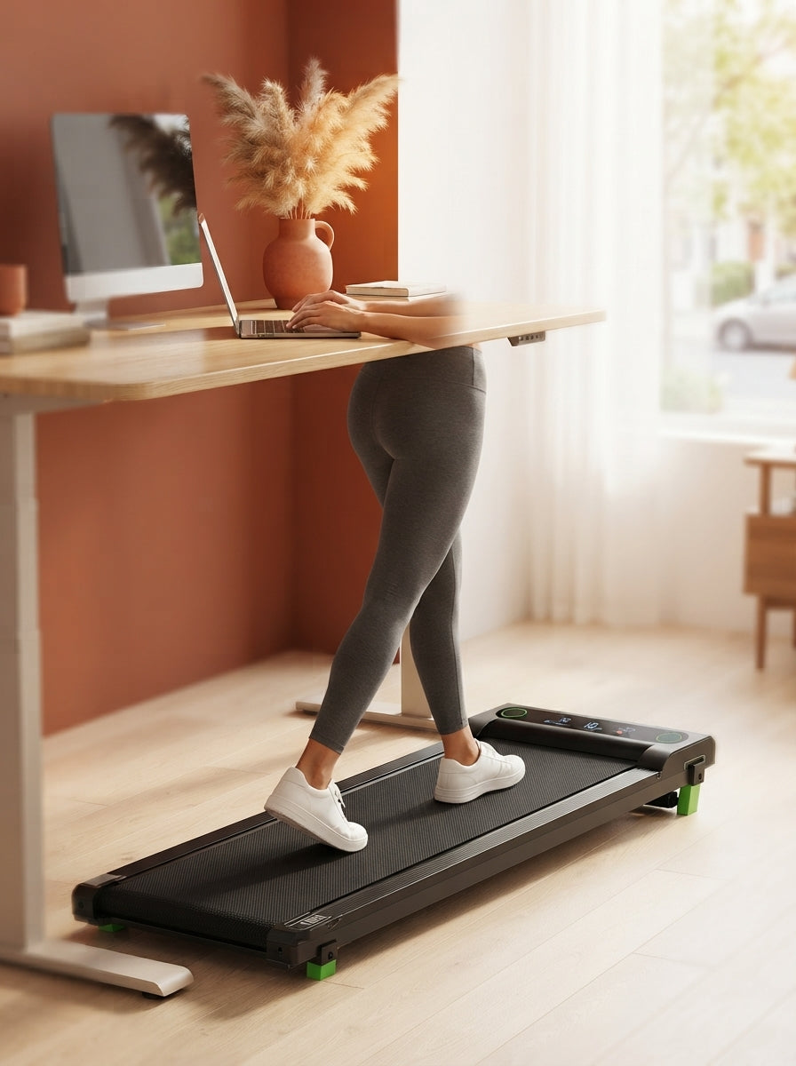 A person walking on an Akluer 2-in-1 treadmill with an incline under a home office desk in a bright, modern room.